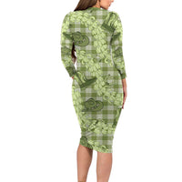 Lime Palaka Hawaii Cowboy Long Sleeve Bodycon Dress Puakenikeni Lei Paniolo Papale Seamless Vibes - Polynesian Pride