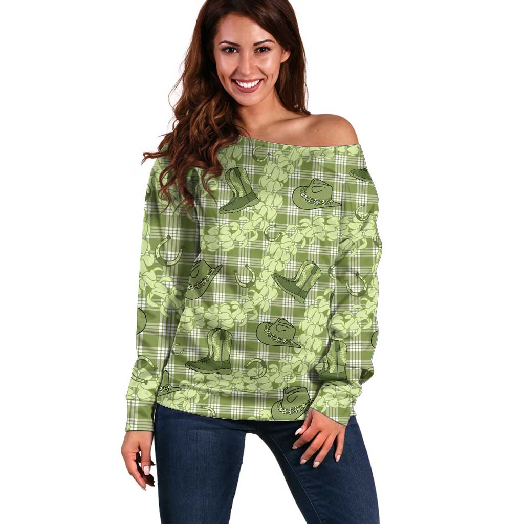 Lime Palaka Hawaii Cowboy Off Shoulder Sweater Puakenikeni Lei Paniolo Papale Seamless Vibes - Polynesian Pride