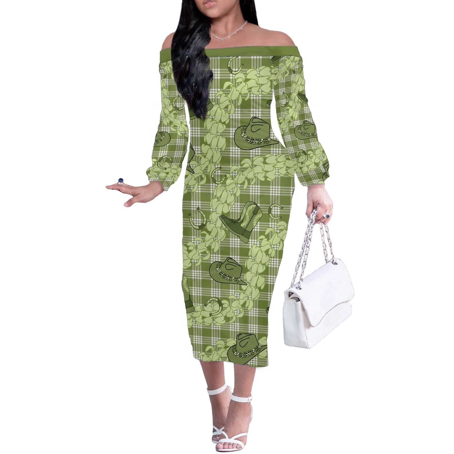 Lime Palaka Hawaii Cowboy Off The Shoulder Long Sleeve Dress Puakenikeni Lei Paniolo Papale Seamless Vibes - Polynesian Pride