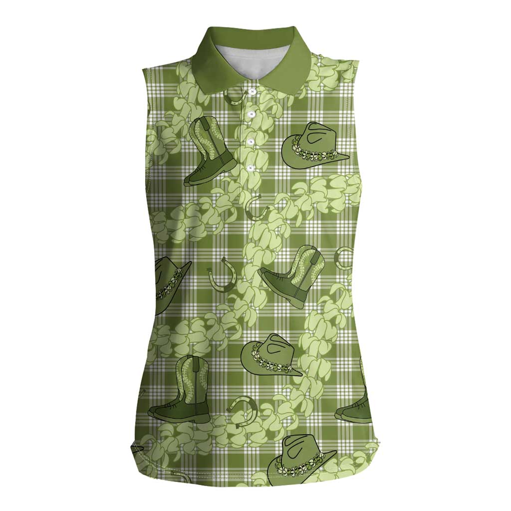 Lime Palaka Hawaii Cowboy Women Sleeveless Polo Shirt Puakenikeni Lei Paniolo Papale Seamless Vibes - Polynesian Pride