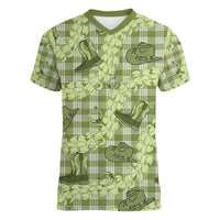 Lime Palaka Hawaii Cowboy Women V-Neck T-Shirt Puakenikeni Lei Paniolo Papale Seamless Vibes - Polynesian Pride