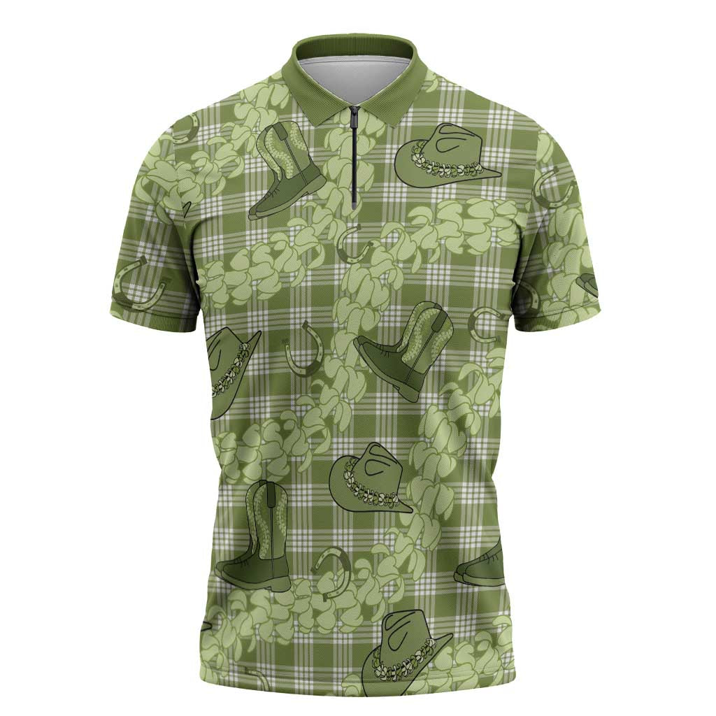 Lime Palaka Hawaii Cowboy Zipper Polo Shirt Puakenikeni Lei Paniolo Papale Seamless Vibes - Polynesian Pride