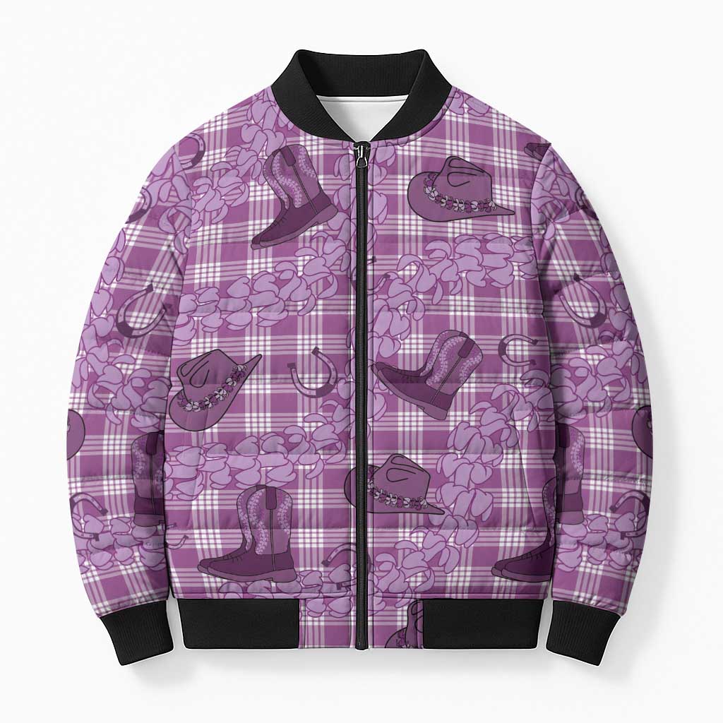 Purple Palaka Hawaii Cowboy Bomber Puffer Jacket Puakenikeni Lei Paniolo Papale Seamless Vibes - Polynesian Pride