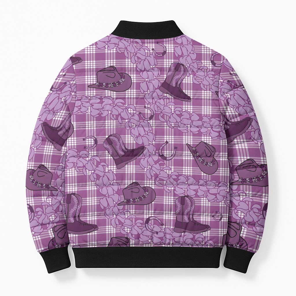 Purple Palaka Hawaii Cowboy Bomber Puffer Jacket Puakenikeni Lei Paniolo Papale Seamless Vibes - Polynesian Pride