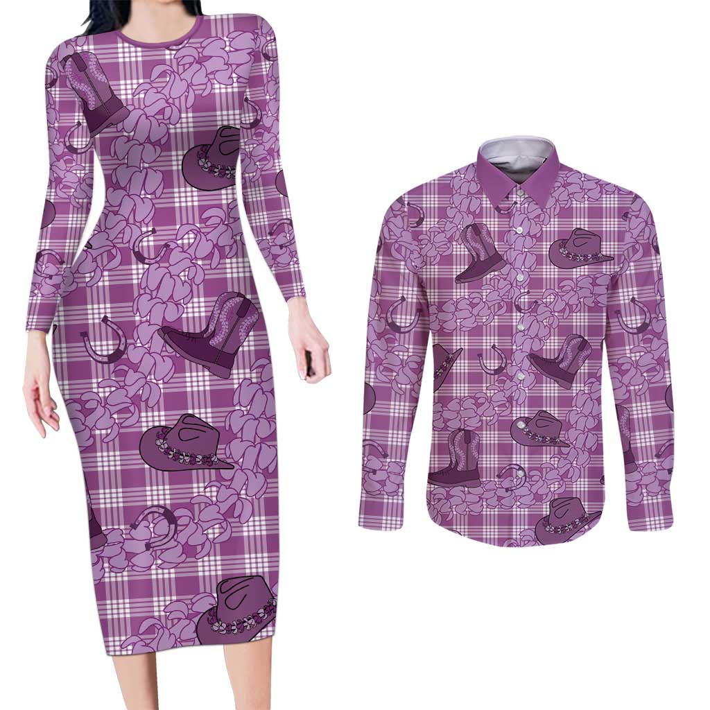 Purple Palaka Hawaii Cowboy Couples Matching Long Sleeve Bodycon Dress and Long Sleeve Button Shirt Puakenikeni Lei Paniolo Papale Seamless Vibes - Polynesian Pride