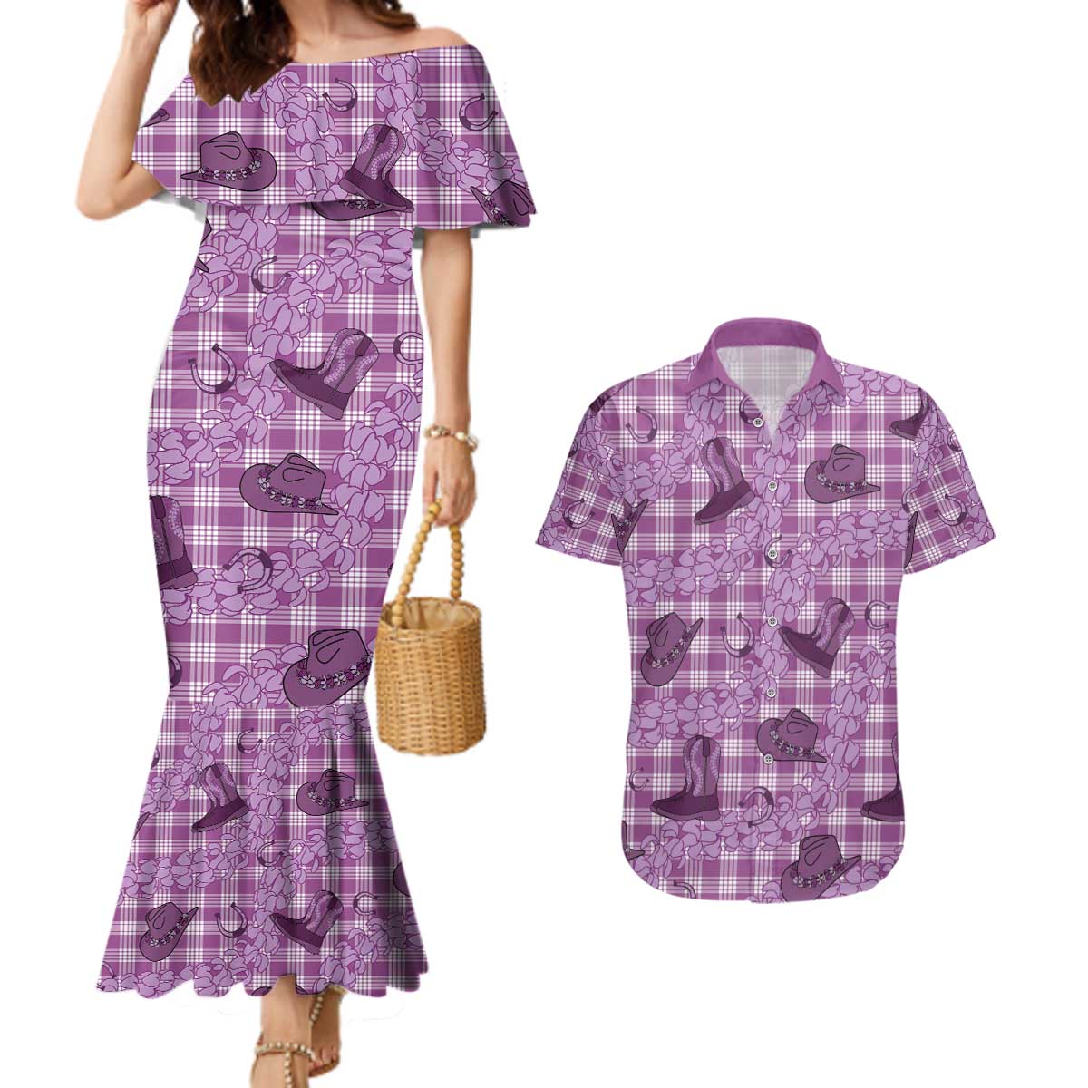 Purple Palaka Hawaii Cowboy Couples Matching Mermaid Dress and Hawaiian Shirt Puakenikeni Lei Paniolo Papale Seamless Vibes - Polynesian Pride