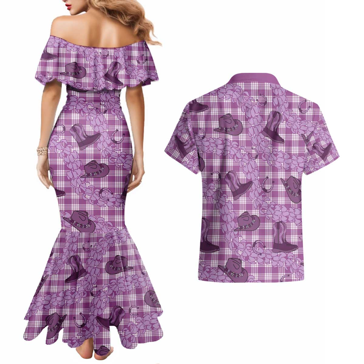 Purple Palaka Hawaii Cowboy Couples Matching Mermaid Dress and Hawaiian Shirt Puakenikeni Lei Paniolo Papale Seamless Vibes - Polynesian Pride