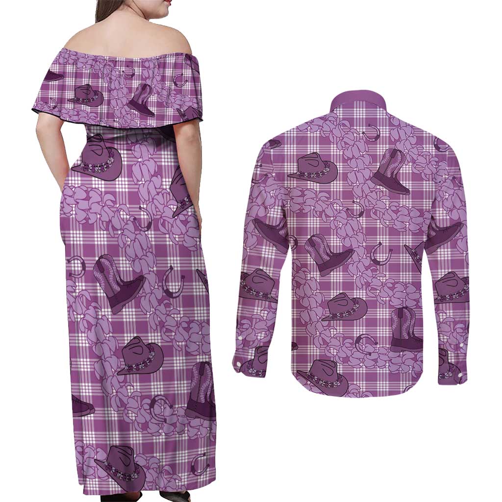 Purple Palaka Hawaii Cowboy Couples Matching Off Shoulder Maxi Dress and Long Sleeve Button Shirt Puakenikeni Lei Paniolo Papale Seamless Vibes - Polynesian Pride