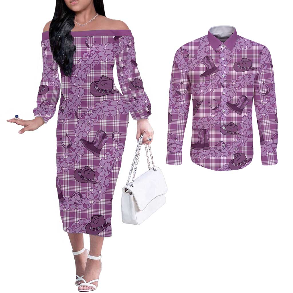 Purple Palaka Hawaii Cowboy Couples Matching Off The Shoulder Long Sleeve Dress and Long Sleeve Button Shirt Puakenikeni Lei Paniolo Papale Seamless Vibes - Polynesian Pride