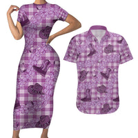 Purple Palaka Hawaii Cowboy Couples Matching Short Sleeve Bodycon Dress and Hawaiian Shirt Puakenikeni Lei Paniolo Papale Seamless Vibes - Polynesian Pride