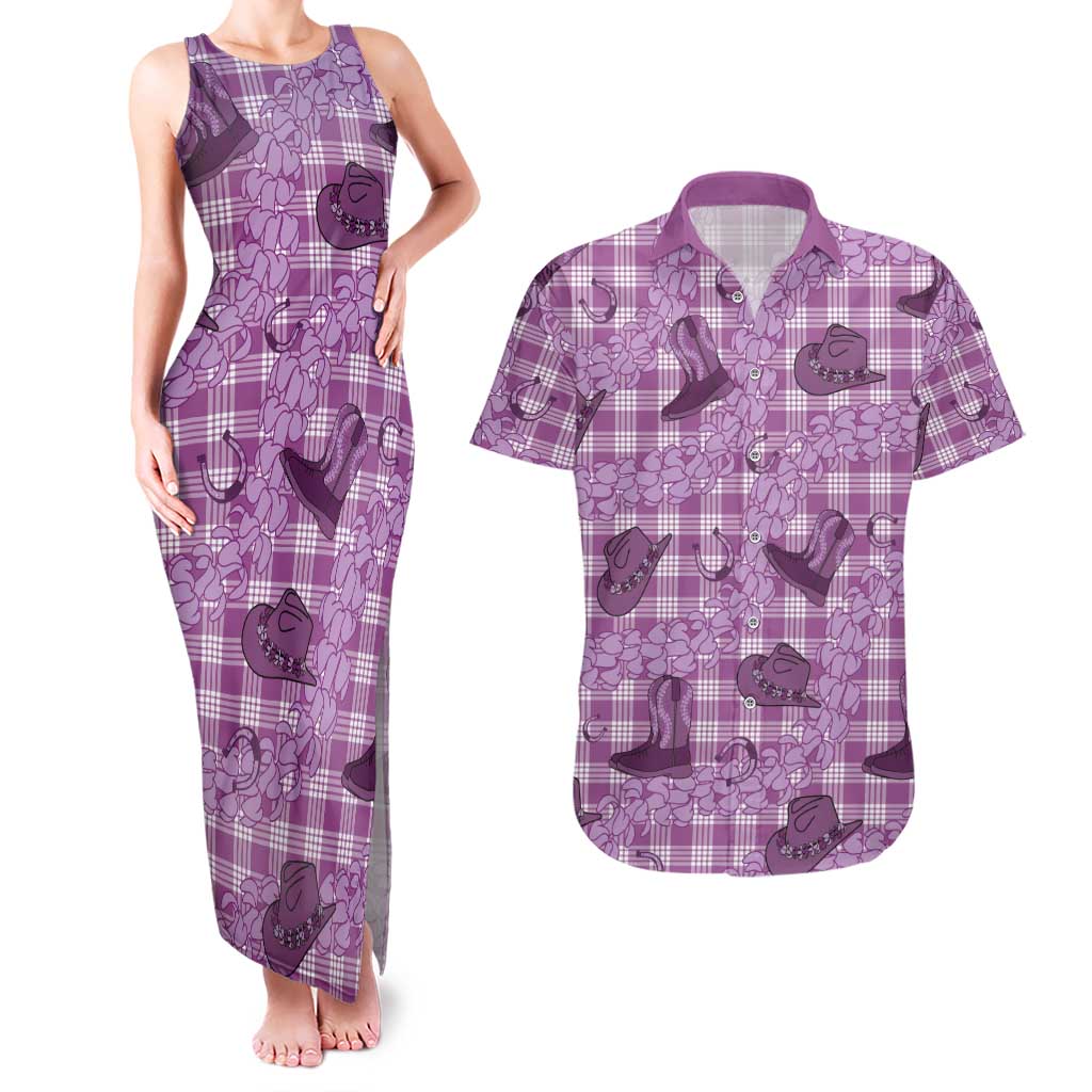 Purple Palaka Hawaii Cowboy Couples Matching Tank Maxi Dress and Hawaiian Shirt Puakenikeni Lei Paniolo Papale Seamless Vibes - Polynesian Pride