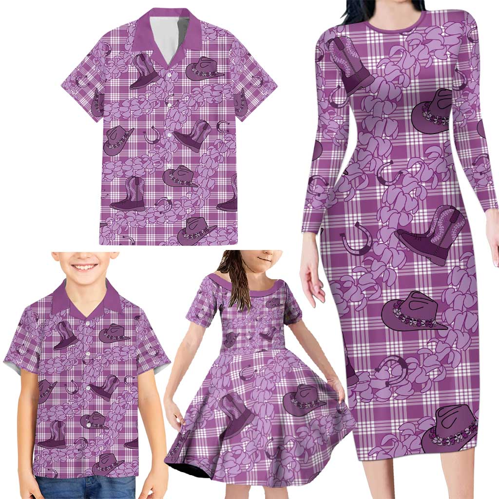 Purple Palaka Hawaii Cowboy Family Matching Long Sleeve Bodycon Dress and Hawaiian Shirt Puakenikeni Lei Paniolo Papale Seamless Vibes - Polynesian Pride