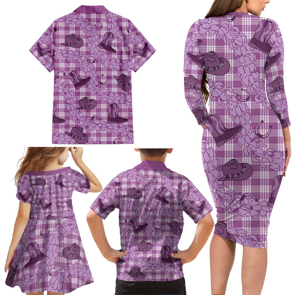 Purple Palaka Hawaii Cowboy Family Matching Long Sleeve Bodycon Dress and Hawaiian Shirt Puakenikeni Lei Paniolo Papale Seamless Vibes - Polynesian Pride