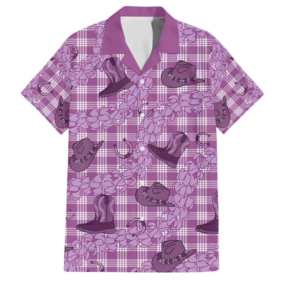 Purple Palaka Hawaii Cowboy Family Matching Off The Shoulder Long Sleeve Dress and Hawaiian Shirt Puakenikeni Lei Paniolo Papale Seamless Vibes - Polynesian Pride