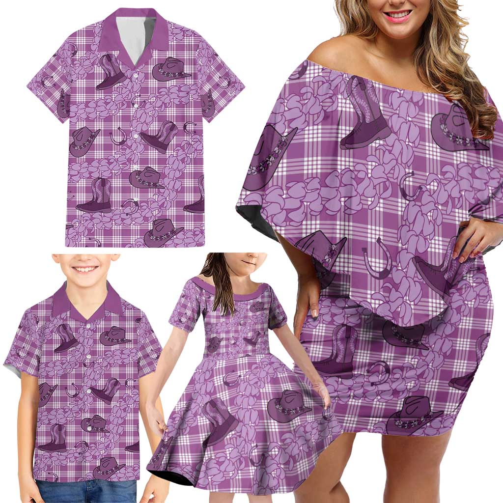 Purple Palaka Hawaii Cowboy Family Matching Off Shoulder Short Dress and Hawaiian Shirt Puakenikeni Lei Paniolo Papale Seamless Vibes - Polynesian Pride