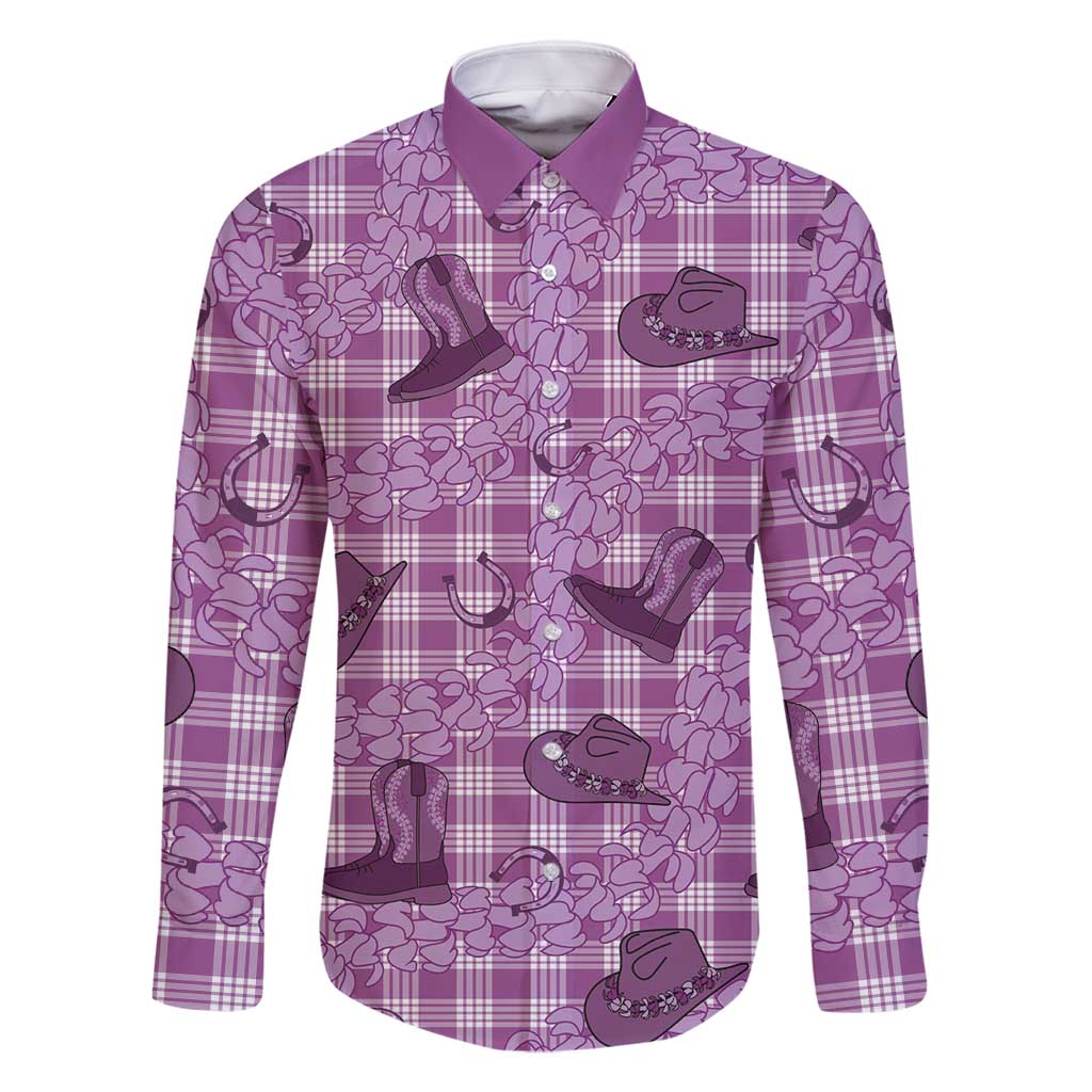 Purple Palaka Hawaii Cowboy Family Matching Off Shoulder Short Dress and Hawaiian Shirt Puakenikeni Lei Paniolo Papale Seamless Vibes - Polynesian Pride