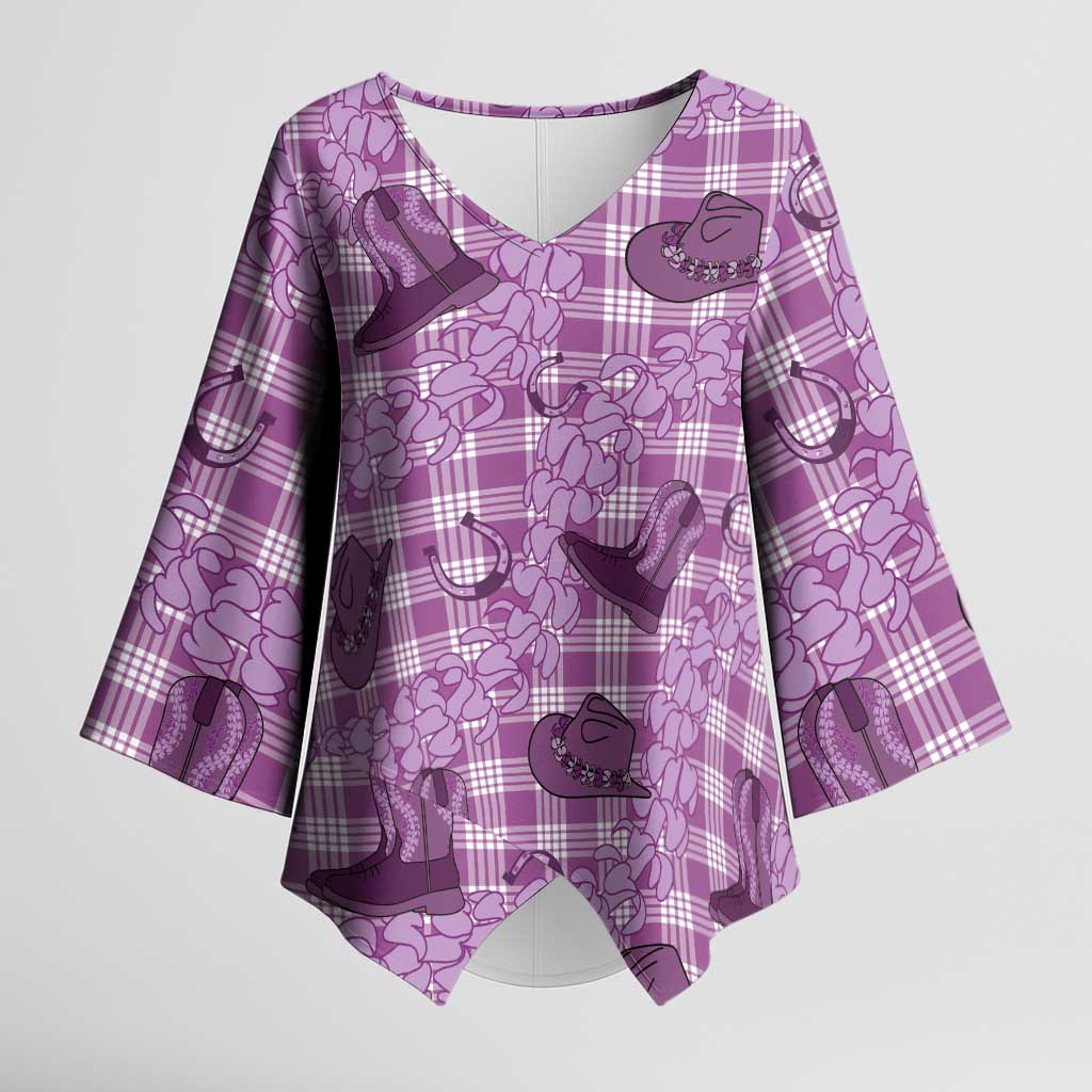 Purple Palaka Hawaii Cowboy Kimono Sleeve Blouse Puakenikeni Lei Paniolo Papale Seamless Vibes - Polynesian Pride