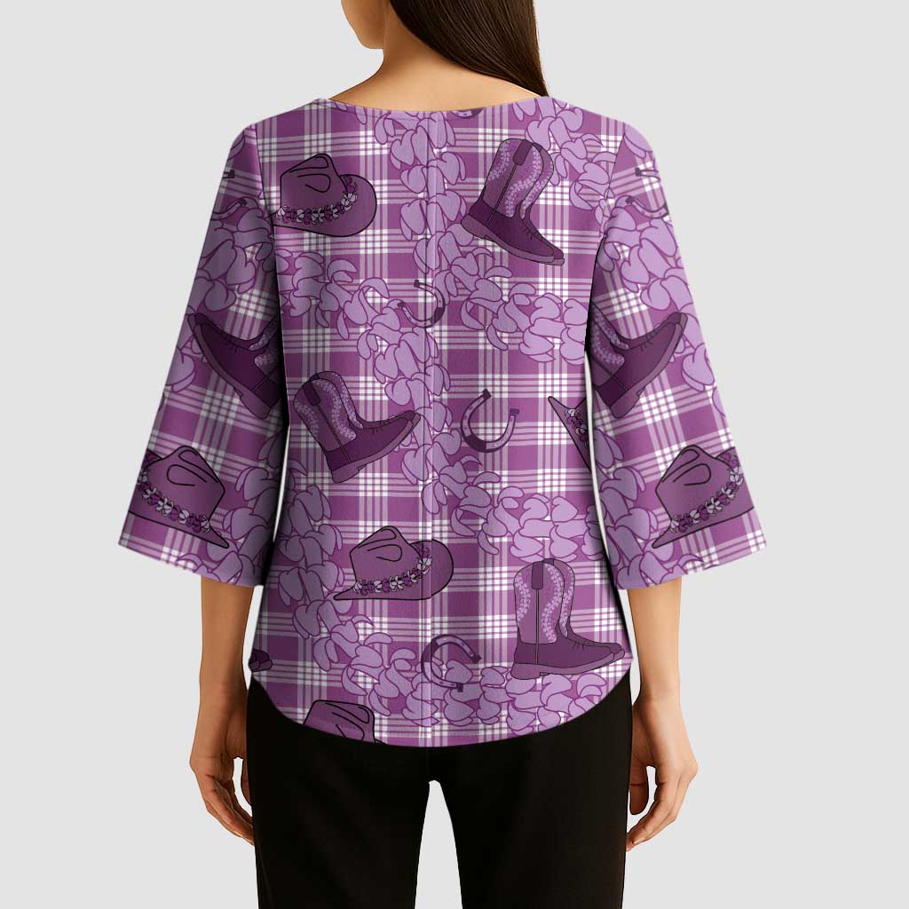 Purple Palaka Hawaii Cowboy Kimono Sleeve Blouse Puakenikeni Lei Paniolo Papale Seamless Vibes - Polynesian Pride