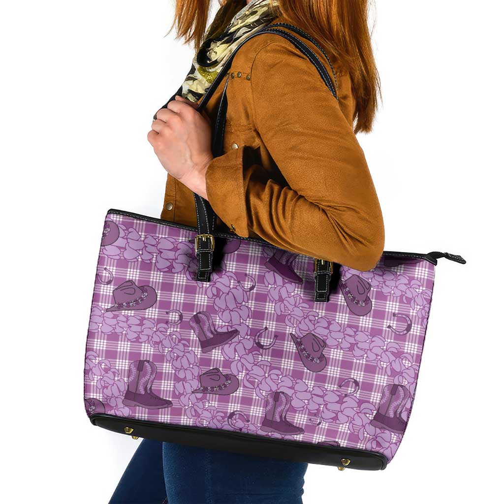Purple Palaka Hawaii Cowboy Leather Tote Bag Puakenikeni Lei Paniolo Papale Seamless Vibes - Polynesian Pride