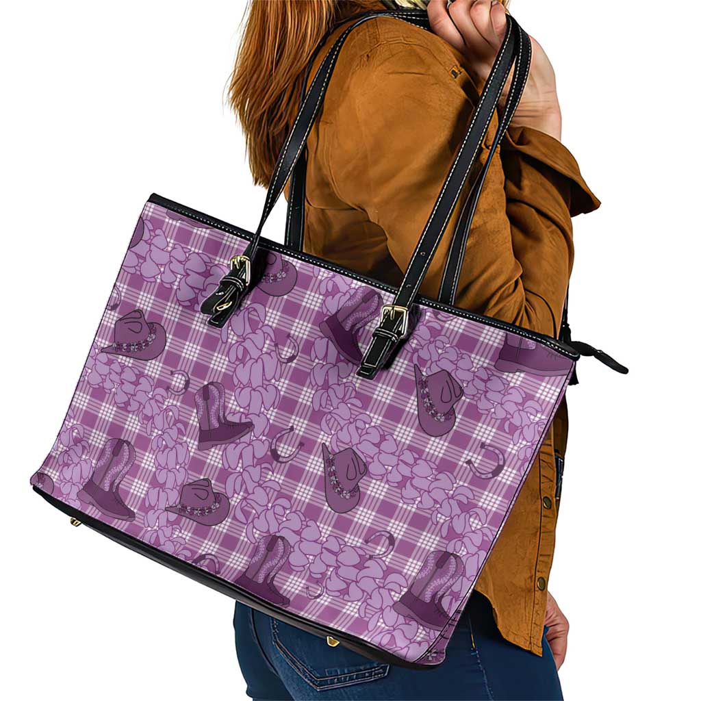 Purple Palaka Hawaii Cowboy Leather Tote Bag Puakenikeni Lei Paniolo Papale Seamless Vibes - Polynesian Pride