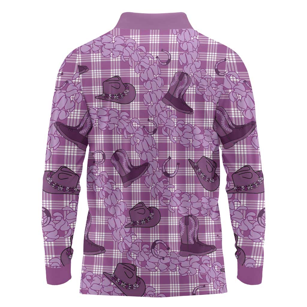 Purple Palaka Hawaii Cowboy Long Sleeve Polo Shirt Puakenikeni Lei Paniolo Papale Seamless Vibes - Polynesian Pride