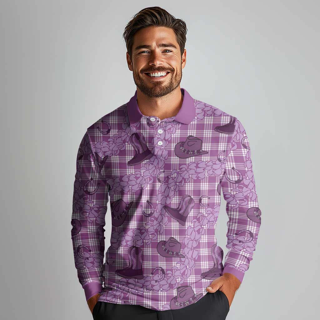 Purple Palaka Hawaii Cowboy Long Sleeve Polo Shirt Puakenikeni Lei Paniolo Papale Seamless Vibes - Polynesian Pride