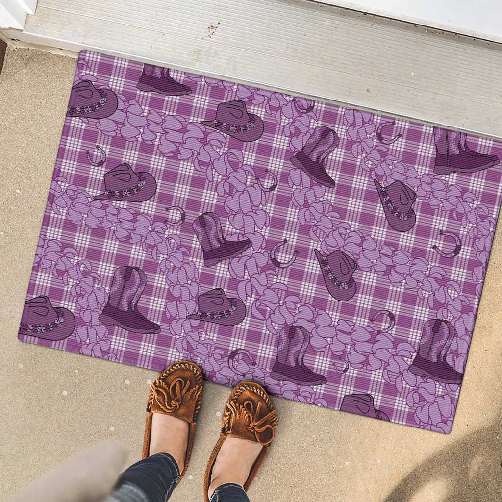 Purple Palaka Hawaii Cowboy Rubber Doormat Puakenikeni Lei Paniolo Papale Seamless Vibes - Polynesian Pride