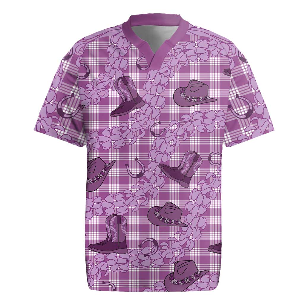 Purple Palaka Hawaii Cowboy Rugby Jersey Puakenikeni Lei Paniolo Papale Seamless Vibes - Polynesian Pride