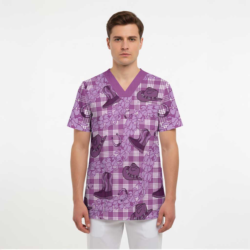 Purple Palaka Hawaii Cowboy Scrub Top Puakenikeni Lei Paniolo Papale Seamless Vibes - Polynesian Pride