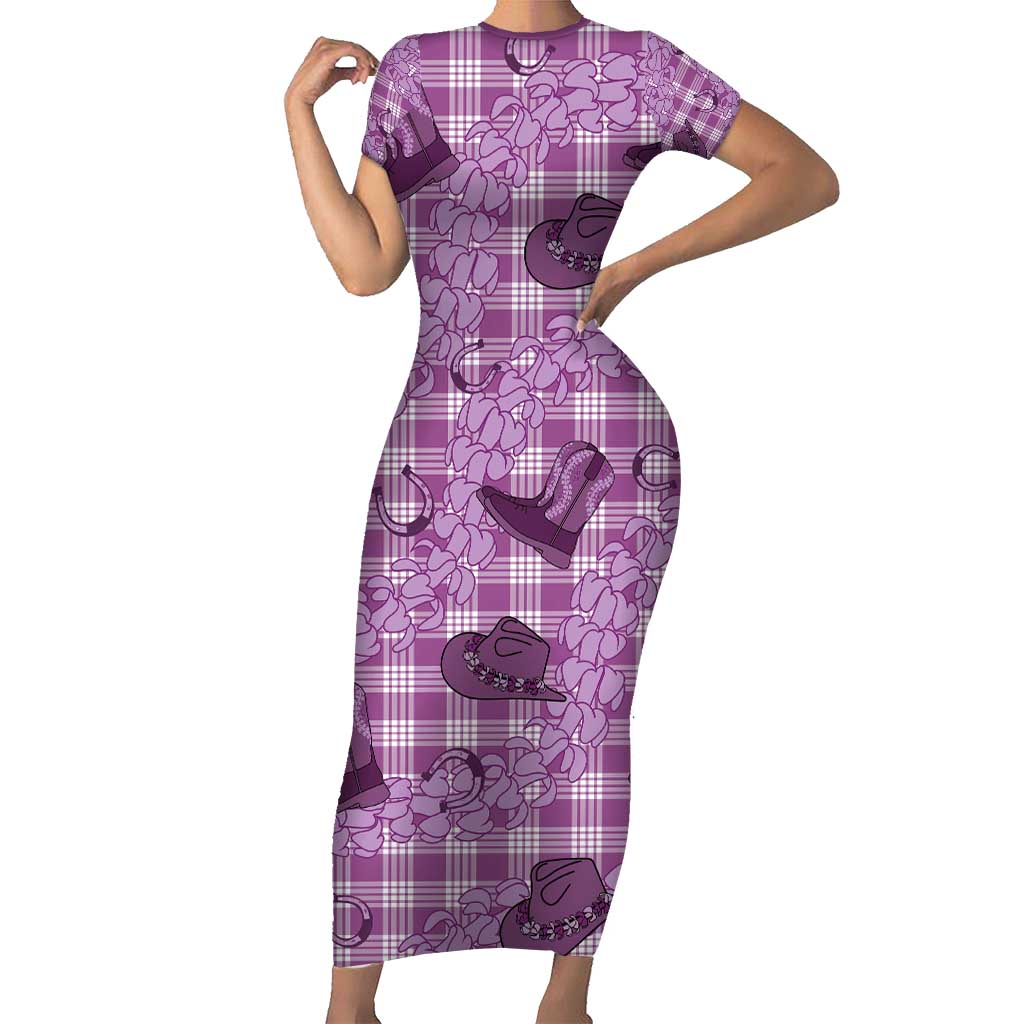 Purple Palaka Hawaii Cowboy Short Sleeve Bodycon Dress Puakenikeni Lei Paniolo Papale Seamless Vibes - Polynesian Pride