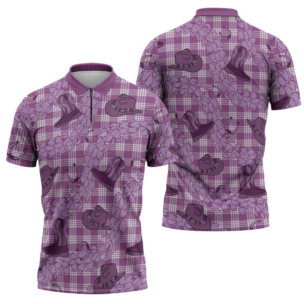 Purple Palaka Hawaii Cowboy Zipper Polo Shirt Puakenikeni Lei Paniolo Papale Seamless Vibes - Polynesian Pride