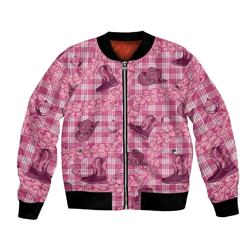 Pink Palaka Hawaii Cowboy Bomber Jacket Puakenikeni Lei Paniolo Papale Seamless Vibes - Polynesian Pride