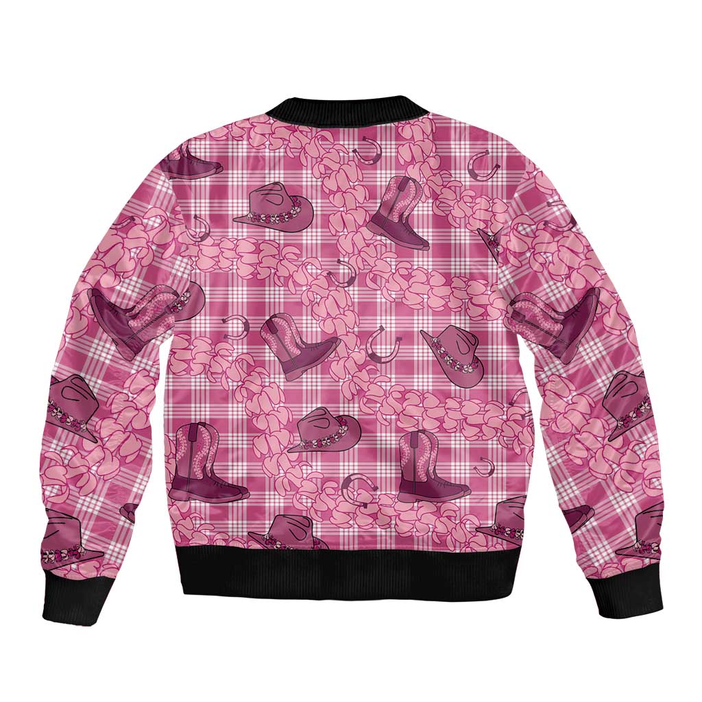 Pink Palaka Hawaii Cowboy Bomber Jacket Puakenikeni Lei Paniolo Papale Seamless Vibes - Polynesian Pride