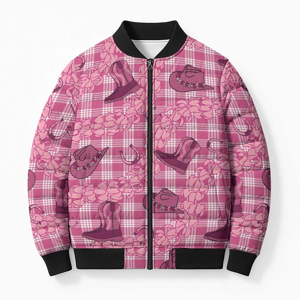 Pink Palaka Hawaii Cowboy Bomber Puffer Jacket Puakenikeni Lei Paniolo Papale Seamless Vibes - Polynesian Pride