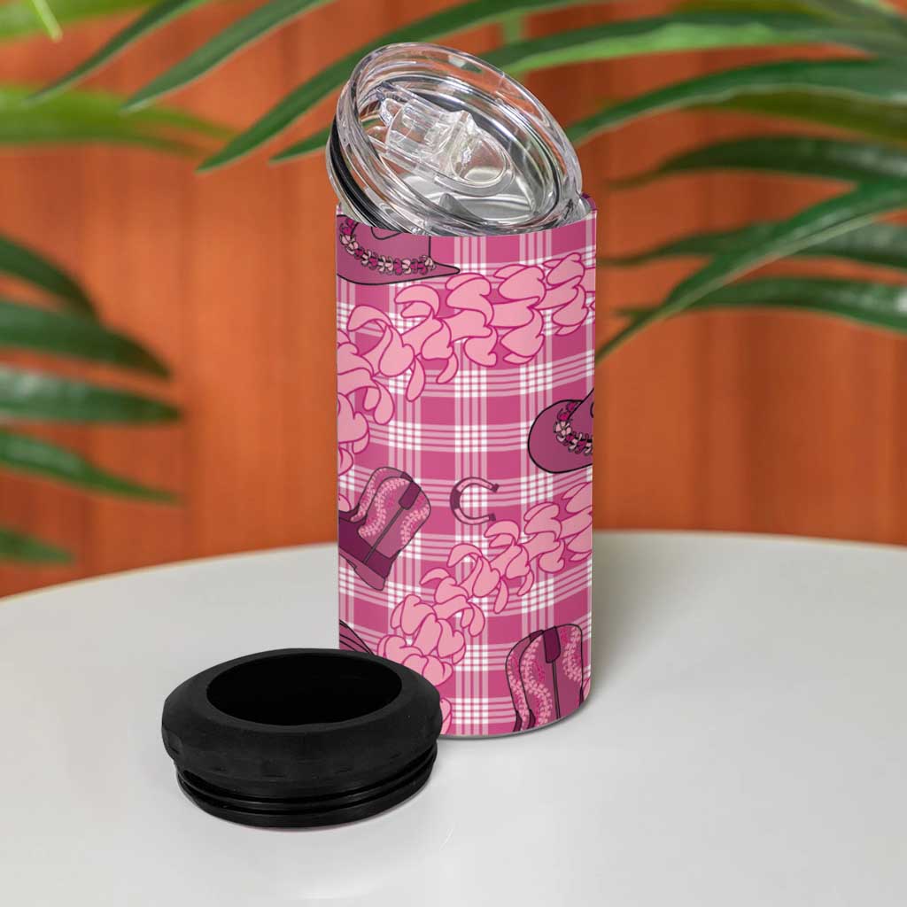 Pink Palaka Hawaii Cowboy 4 in 1 Can Cooler Tumbler Puakenikeni Lei Paniolo Papale Seamless Vibes - Polynesian Pride