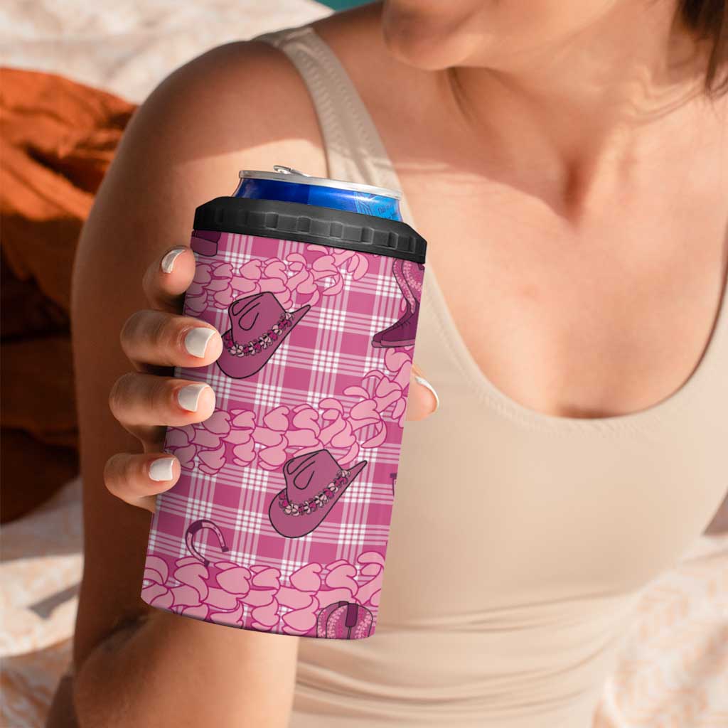 Pink Palaka Hawaii Cowboy 4 in 1 Can Cooler Tumbler Puakenikeni Lei Paniolo Papale Seamless Vibes - Polynesian Pride