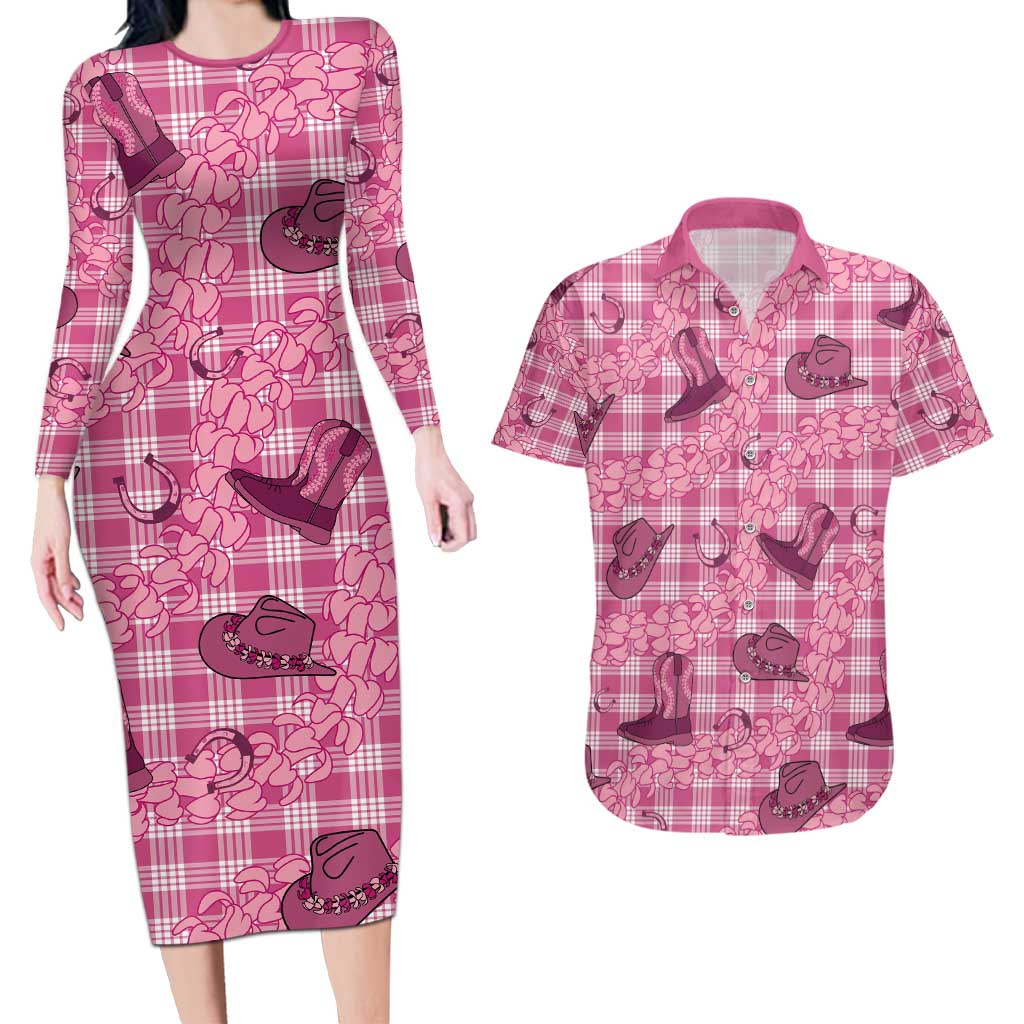 Pink Palaka Hawaii Cowboy Couples Matching Long Sleeve Bodycon Dress and Hawaiian Shirt Puakenikeni Lei Paniolo Papale Seamless Vibes - Polynesian Pride