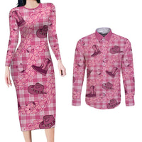 Pink Palaka Hawaii Cowboy Couples Matching Long Sleeve Bodycon Dress and Long Sleeve Button Shirt Puakenikeni Lei Paniolo Papale Seamless Vibes - Polynesian Pride