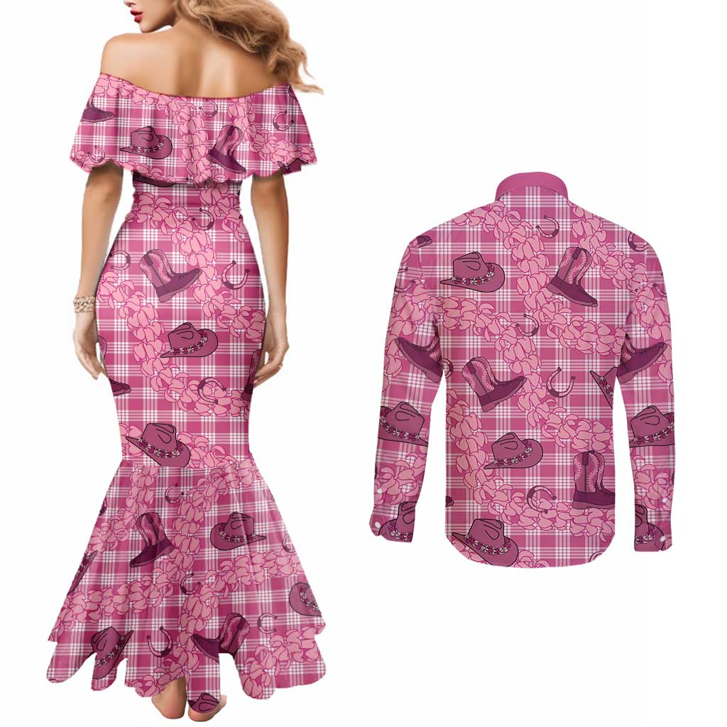 Pink Palaka Hawaii Cowboy Couples Matching Mermaid Dress and Long Sleeve Button Shirt Puakenikeni Lei Paniolo Papale Seamless Vibes - Polynesian Pride