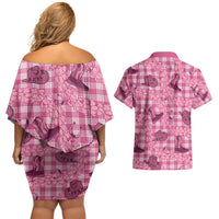 Pink Palaka Hawaii Cowboy Couples Matching Off Shoulder Short Dress and Hawaiian Shirt Puakenikeni Lei Paniolo Papale Seamless Vibes - Polynesian Pride