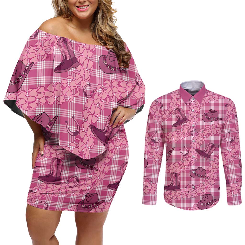 Pink Palaka Hawaii Cowboy Couples Matching Off Shoulder Short Dress and Long Sleeve Button Shirt Puakenikeni Lei Paniolo Papale Seamless Vibes - Polynesian Pride