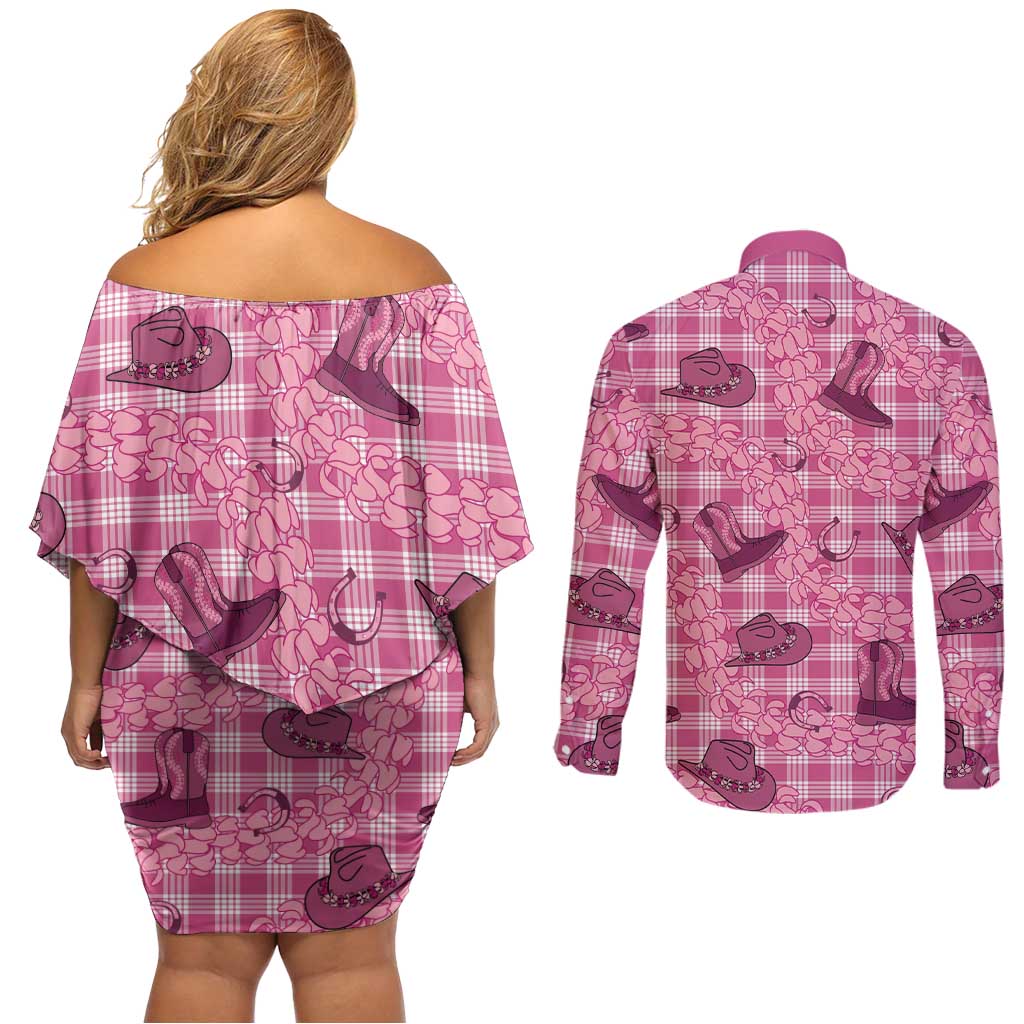 Pink Palaka Hawaii Cowboy Couples Matching Off Shoulder Short Dress and Long Sleeve Button Shirt Puakenikeni Lei Paniolo Papale Seamless Vibes - Polynesian Pride
