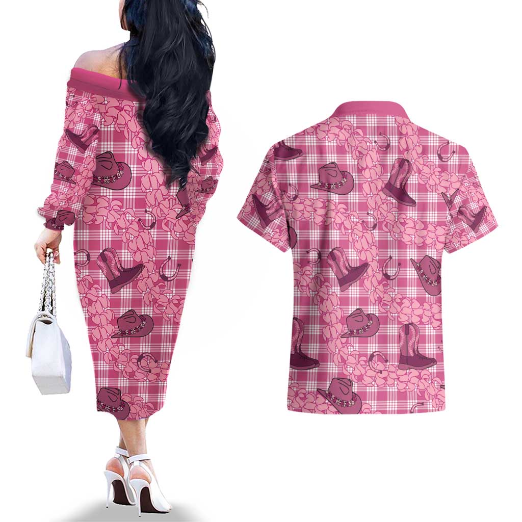 Pink Palaka Hawaii Cowboy Couples Matching Off The Shoulder Long Sleeve Dress and Hawaiian Shirt Puakenikeni Lei Paniolo Papale Seamless Vibes - Polynesian Pride