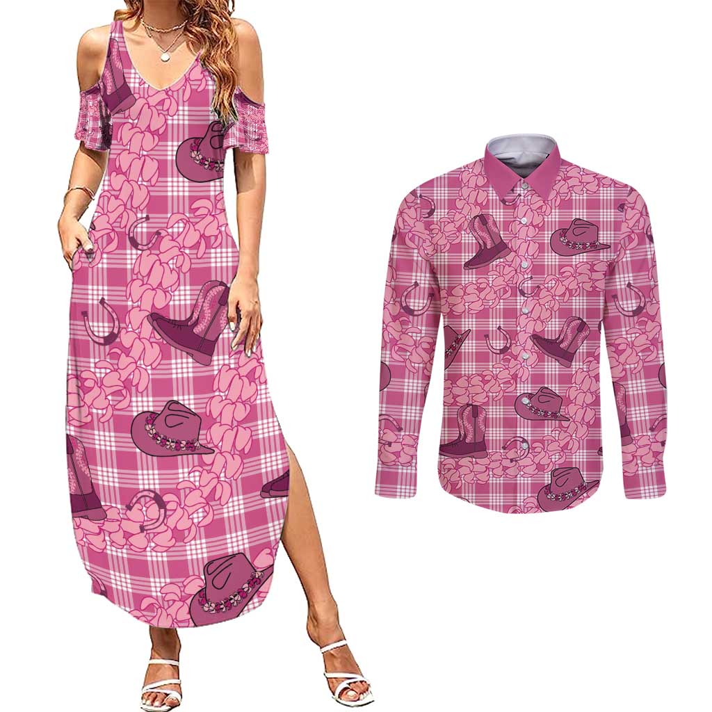 Pink Palaka Hawaii Cowboy Couples Matching Summer Maxi Dress and Long Sleeve Button Shirt Puakenikeni Lei Paniolo Papale Seamless Vibes - Polynesian Pride