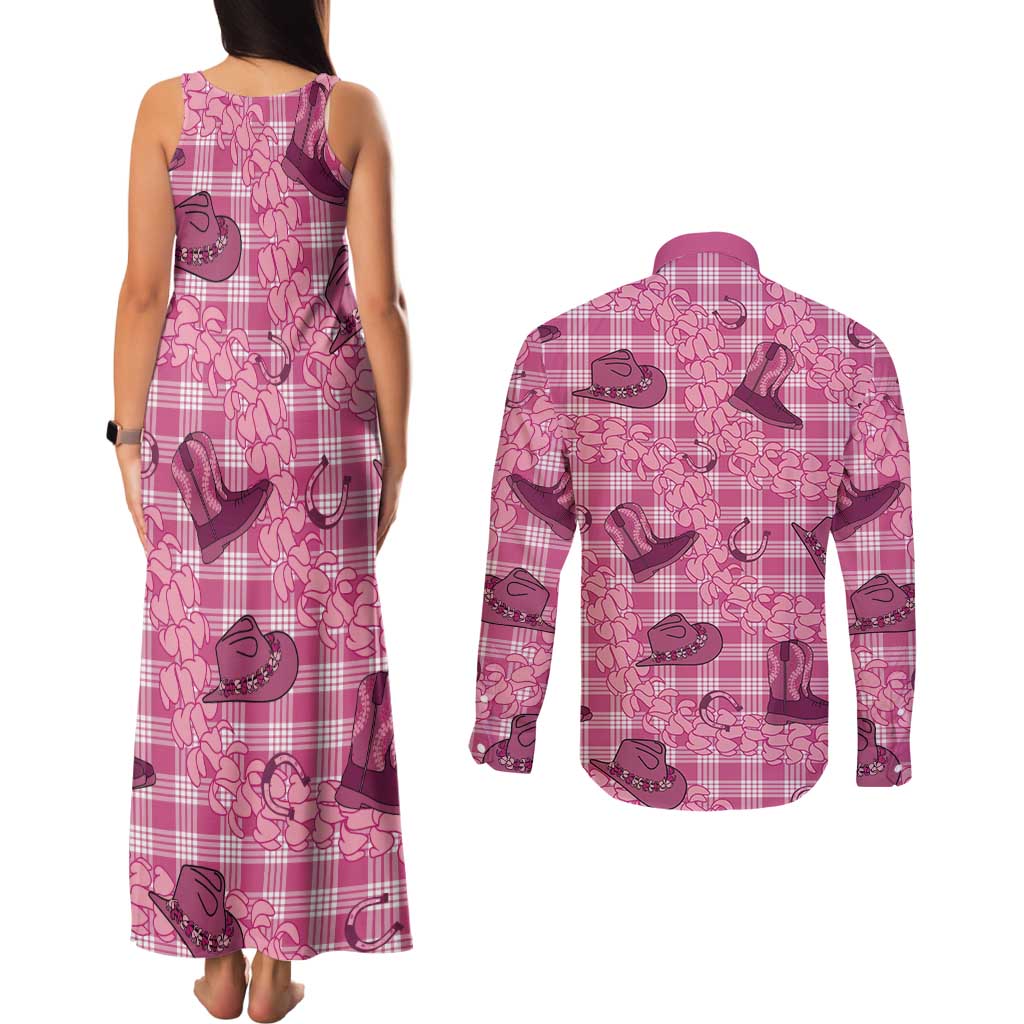 Pink Palaka Hawaii Cowboy Couples Matching Tank Maxi Dress and Long Sleeve Button Shirt Puakenikeni Lei Paniolo Papale Seamless Vibes - Polynesian Pride