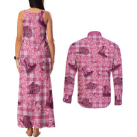 Pink Palaka Hawaii Cowboy Couples Matching Tank Maxi Dress and Long Sleeve Button Shirt Puakenikeni Lei Paniolo Papale Seamless Vibes - Polynesian Pride