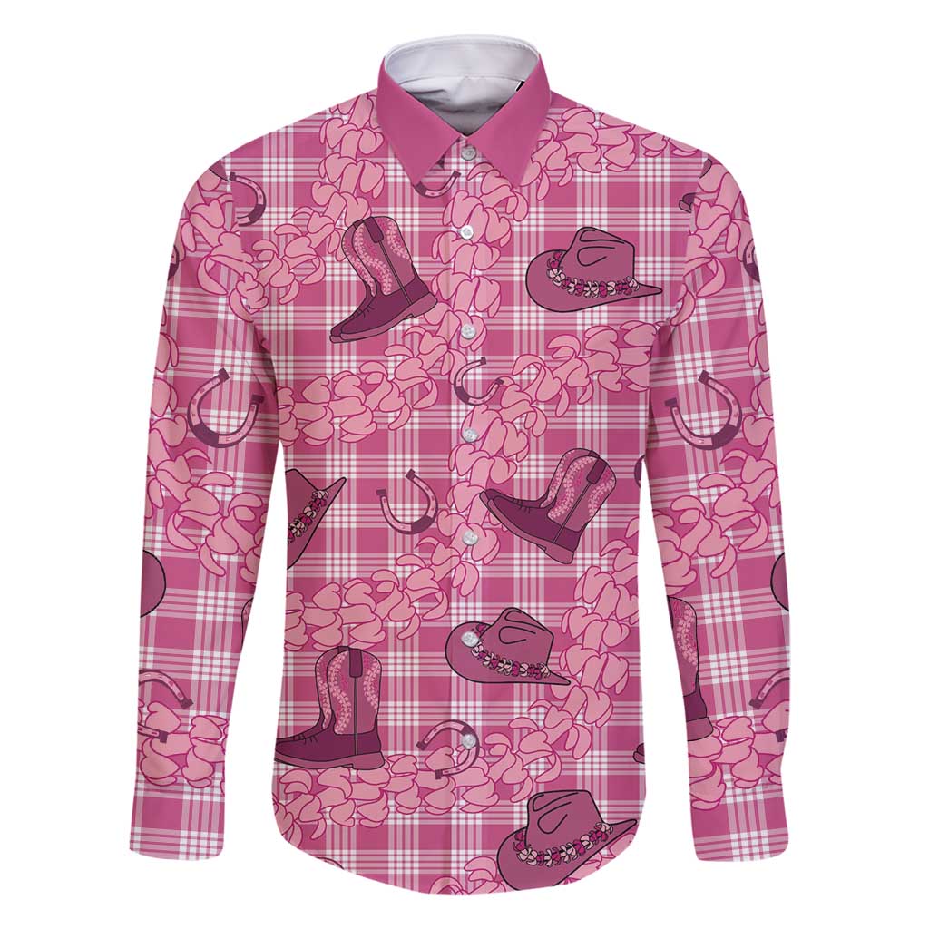 Pink Palaka Hawaii Cowboy Family Matching Long Sleeve Bodycon Dress and Hawaiian Shirt Puakenikeni Lei Paniolo Papale Seamless Vibes - Polynesian Pride