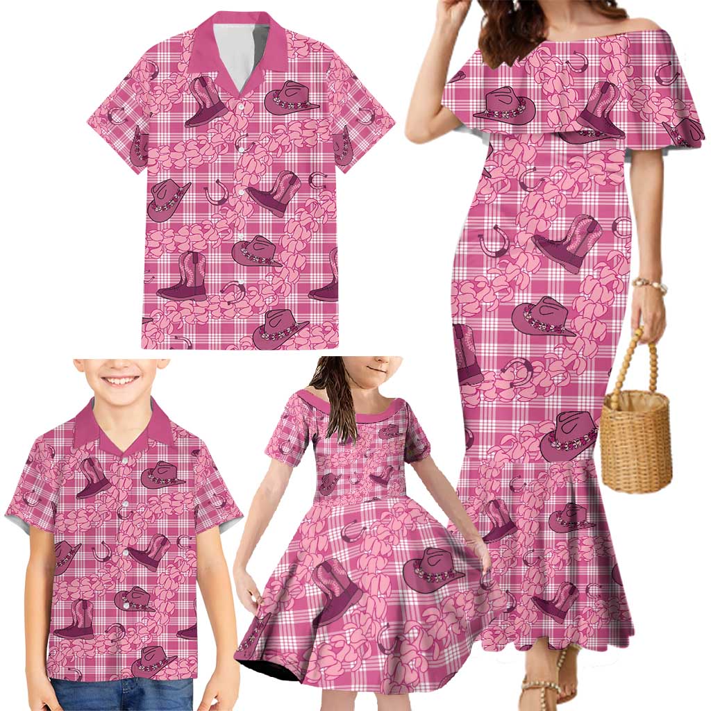 Pink Palaka Hawaii Cowboy Family Matching Mermaid Dress and Hawaiian Shirt Puakenikeni Lei Paniolo Papale Seamless Vibes - Polynesian Pride