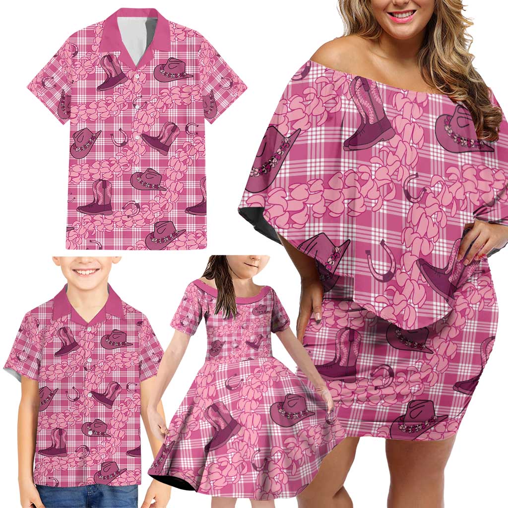 Pink Palaka Hawaii Cowboy Family Matching Off Shoulder Short Dress and Hawaiian Shirt Puakenikeni Lei Paniolo Papale Seamless Vibes - Polynesian Pride