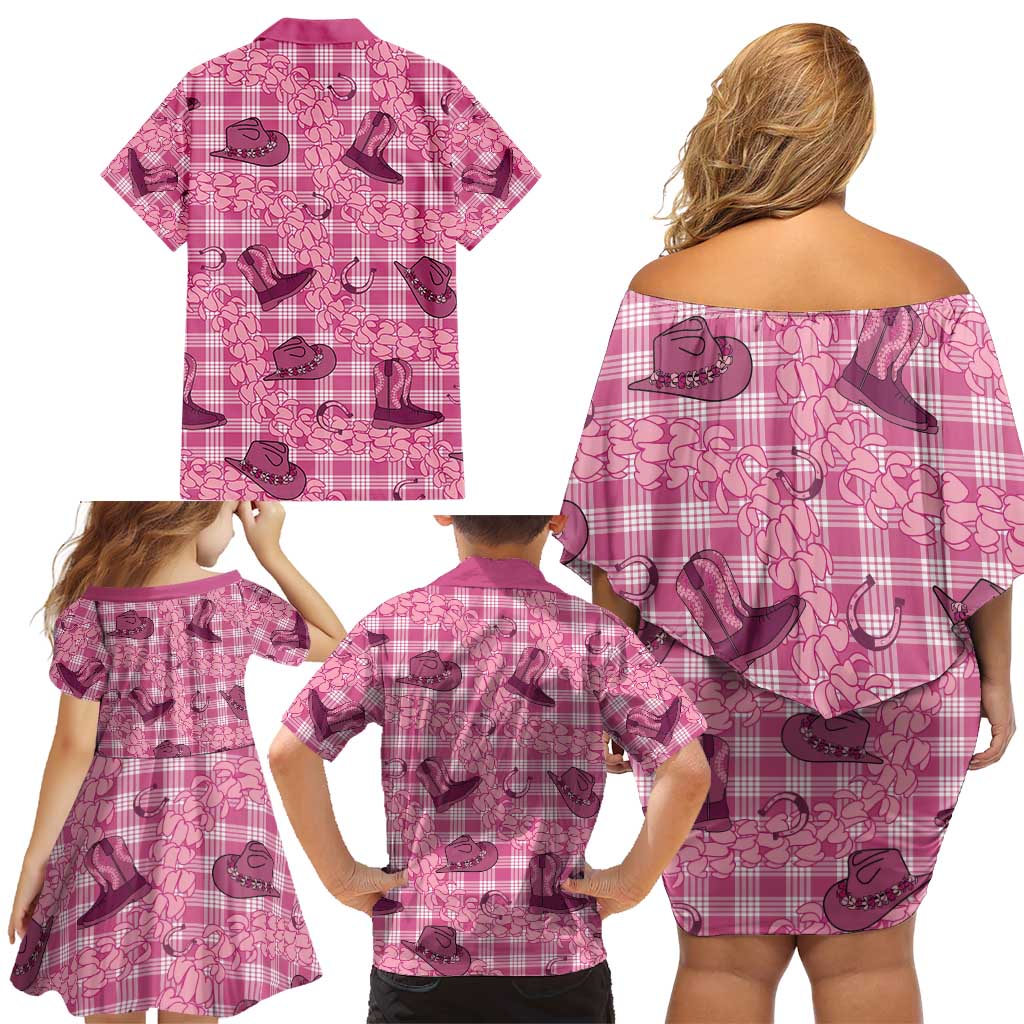 Pink Palaka Hawaii Cowboy Family Matching Off Shoulder Short Dress and Hawaiian Shirt Puakenikeni Lei Paniolo Papale Seamless Vibes - Polynesian Pride